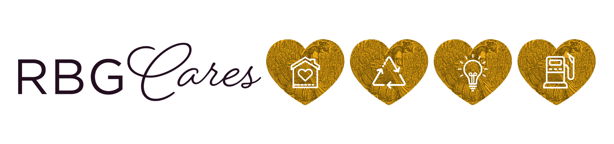 RBG Cares with four icons in hearts representing community, recycling, energy and fuel